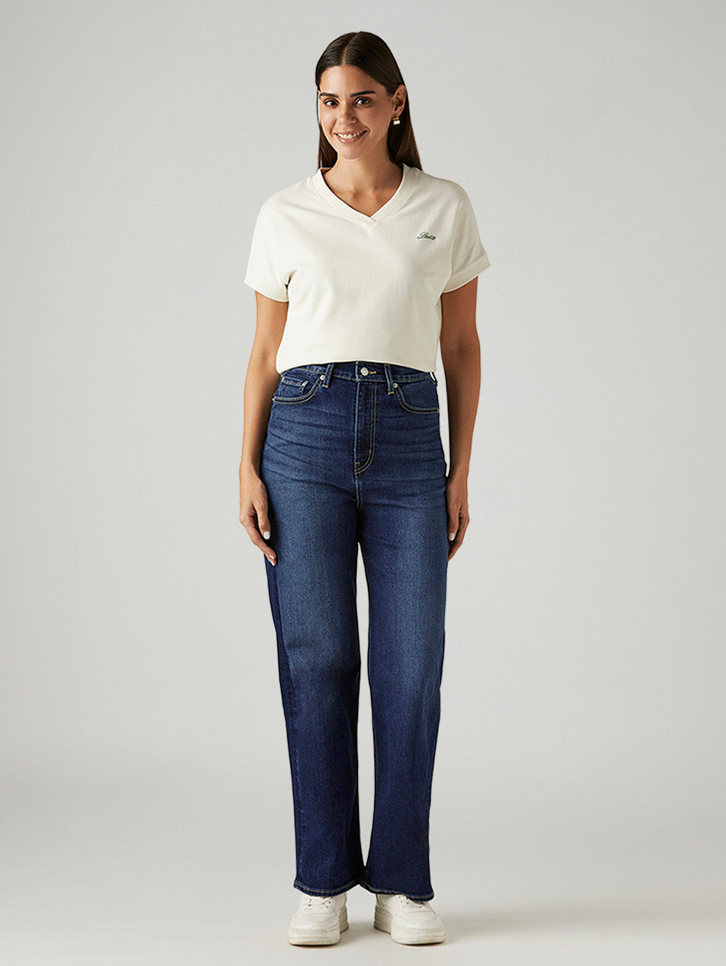 Women's Dark Blue Loose Fit High Rise Jeans - Front View