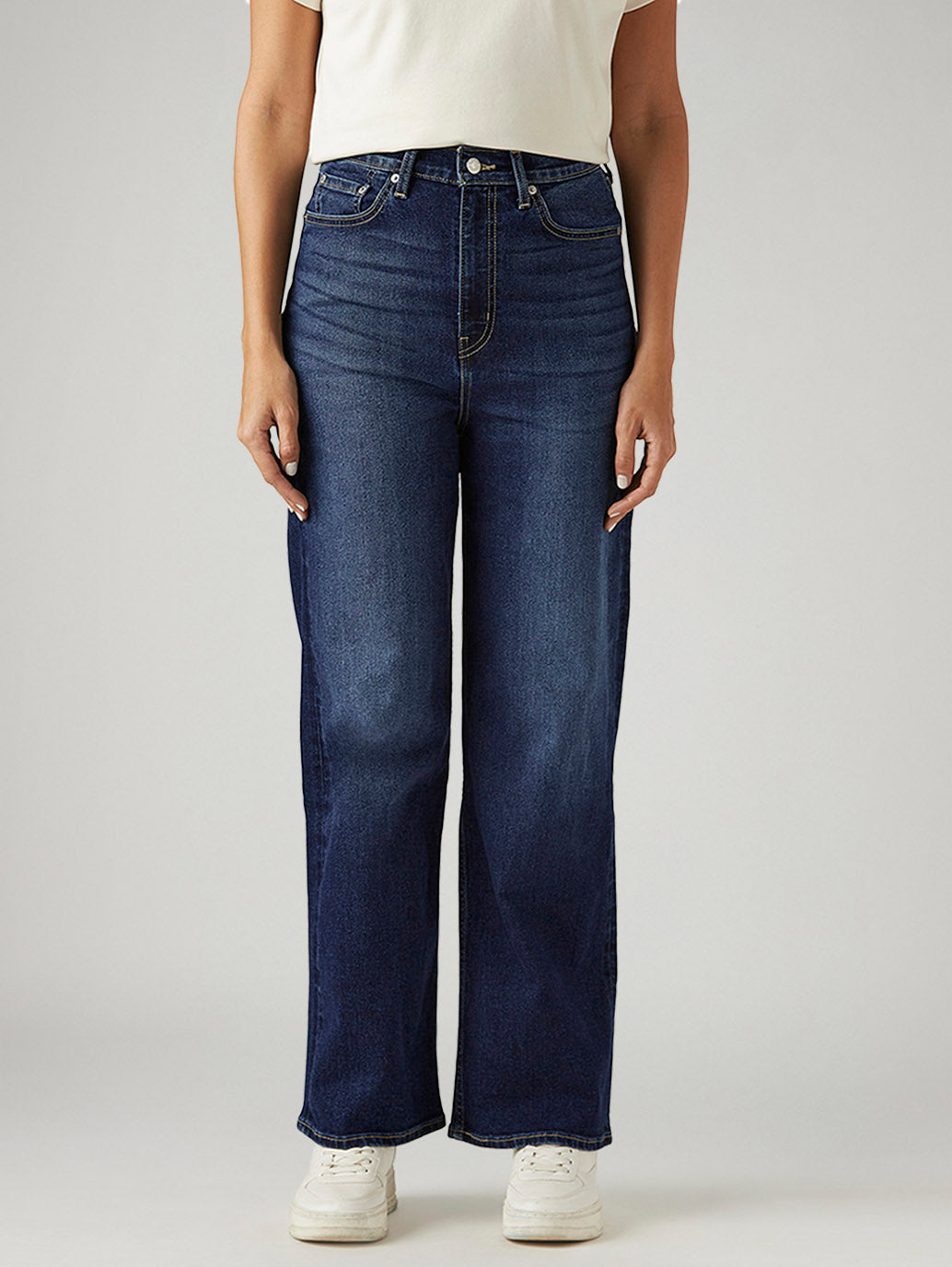 Women's Dark Blue Loose Fit High Rise Jeans - Front View