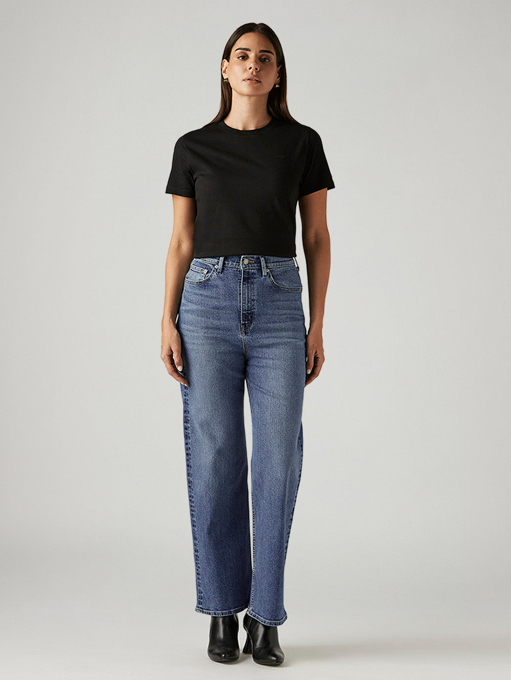 Women's Med Indigo Loose Fit High Rise Jeans - Front View