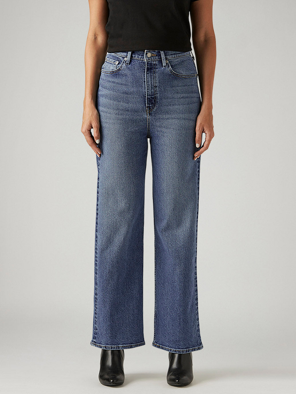 Women's Med Indigo Loose Fit High Rise Jeans - Front View