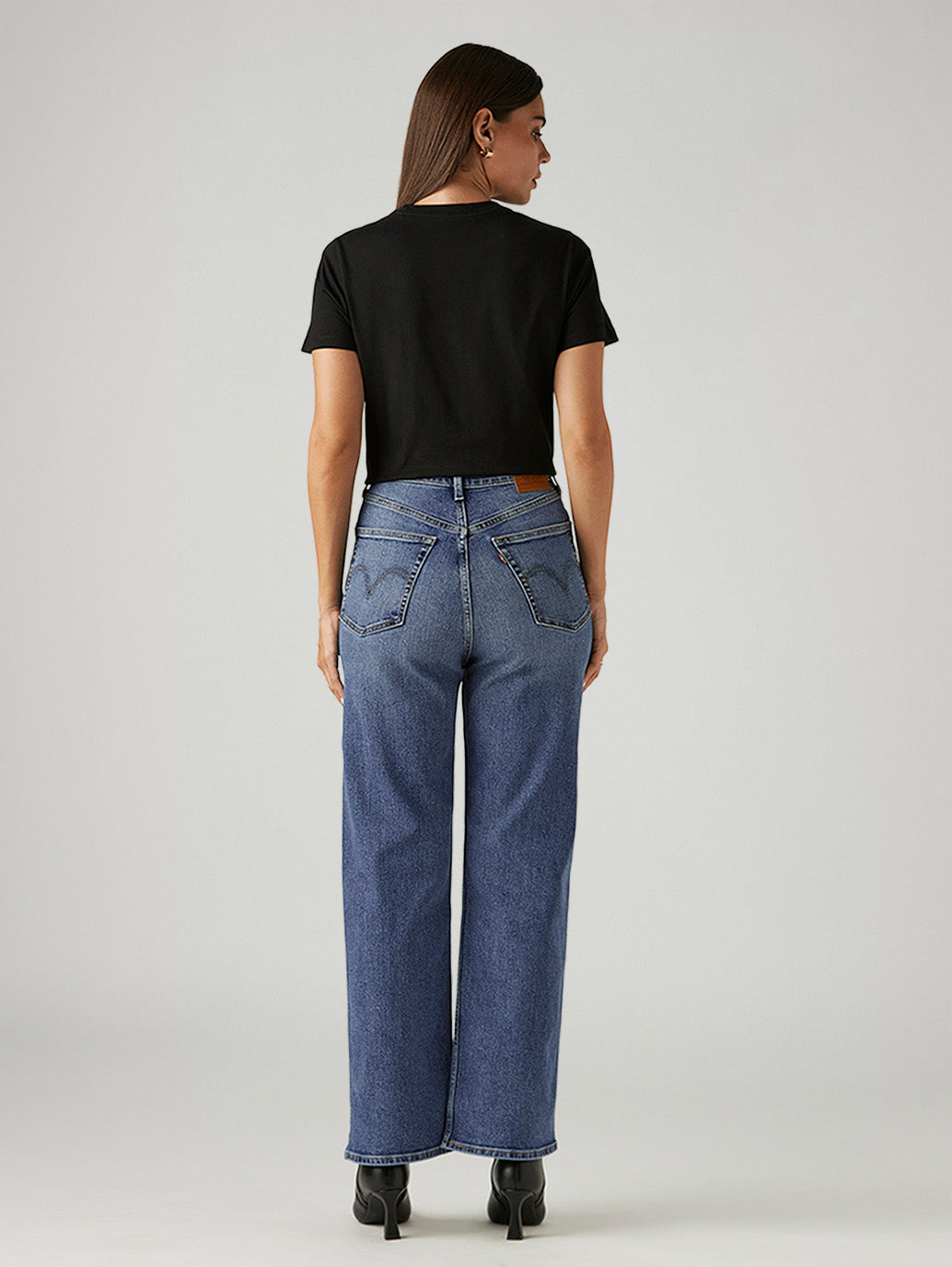 Women's Med Indigo Loose Fit High Rise Jeans - Back View