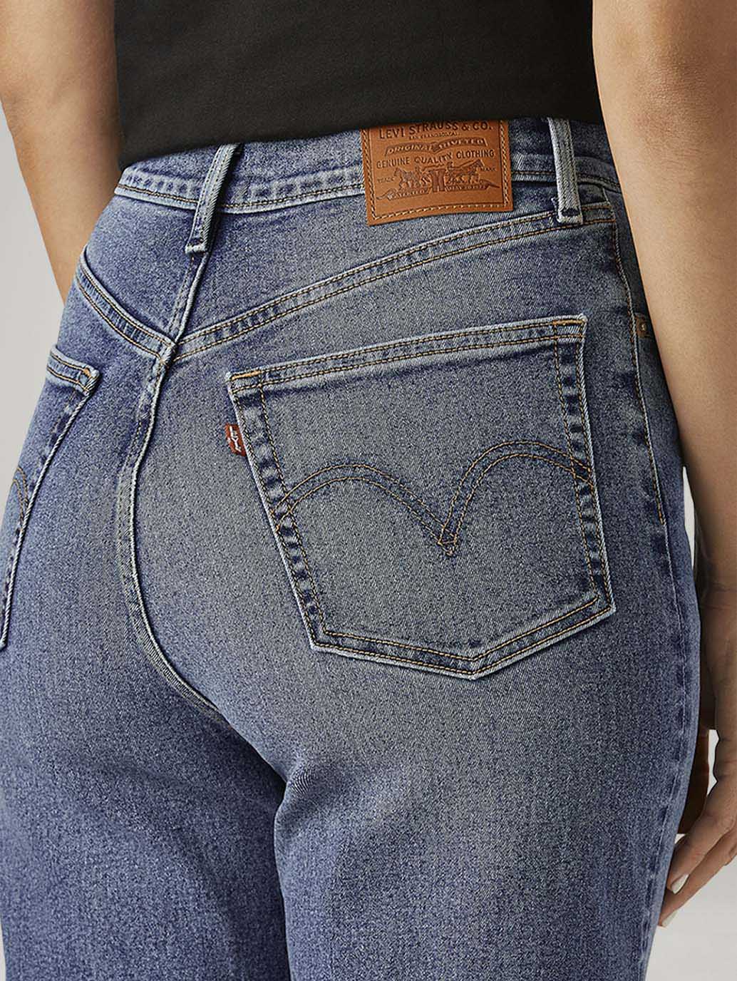 Women's Med Indigo Loose Fit High Rise Jeans - Detail View