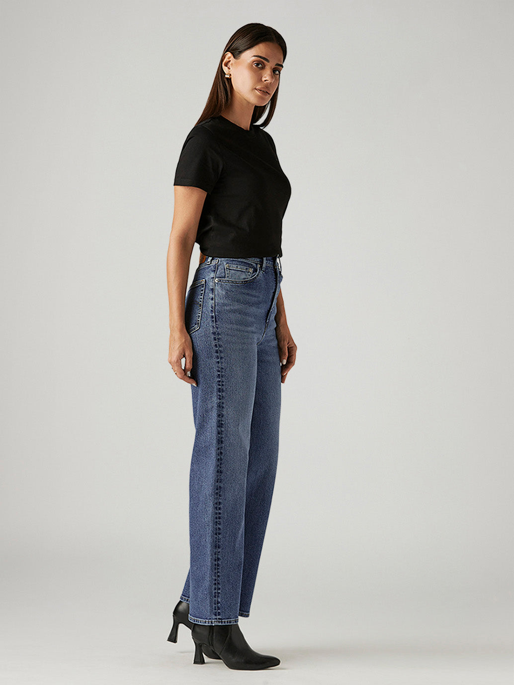 Women's Med Indigo Loose Fit High Rise Jeans - Side View