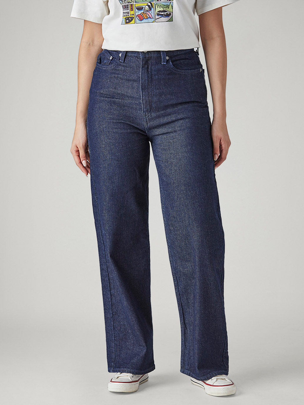 Women's Dark Indigo Loose Fit High Rise Jeans - Front View