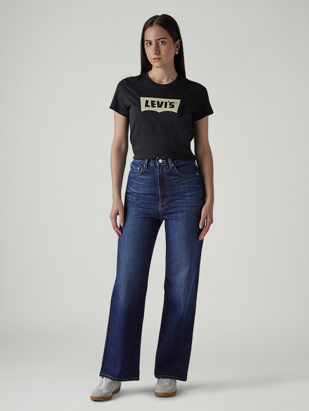 Women's Dark Indigo Loose Fit High Rise Jeans - Front View