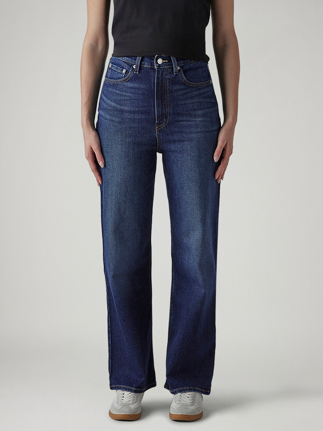 Women's Dark Indigo Loose Fit High Rise Jeans - Front View