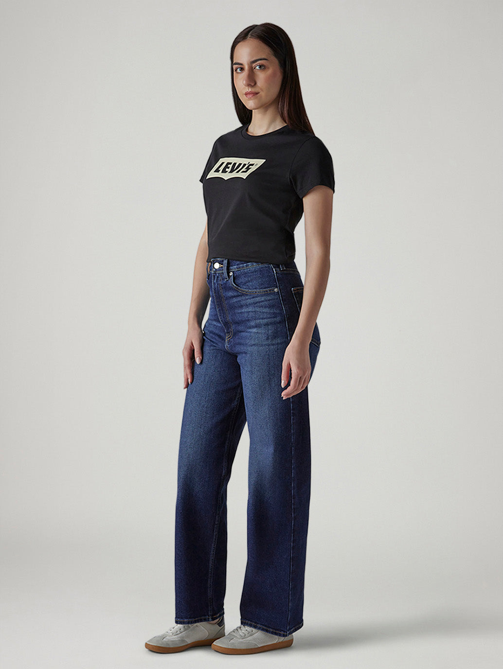 Women's Dark Indigo Loose Fit High Rise Jeans - Side View