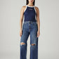 Women's Dark Indigo Loose Fit High Rise Jeans - Front View