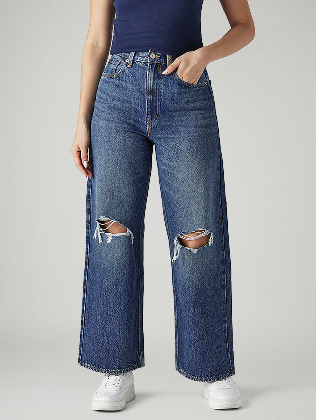 Women's Dark Indigo Loose Fit High Rise Jeans - Front View