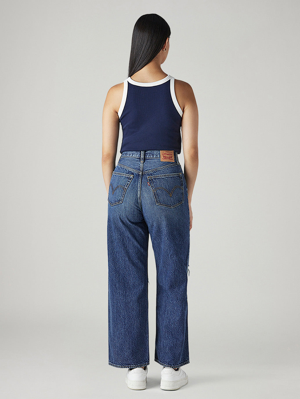 Women's Dark Indigo Loose Fit High Rise Jeans - Back View