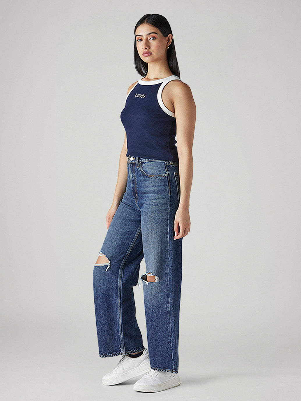 Women's Dark Indigo Loose Fit High Rise Jeans - Side View