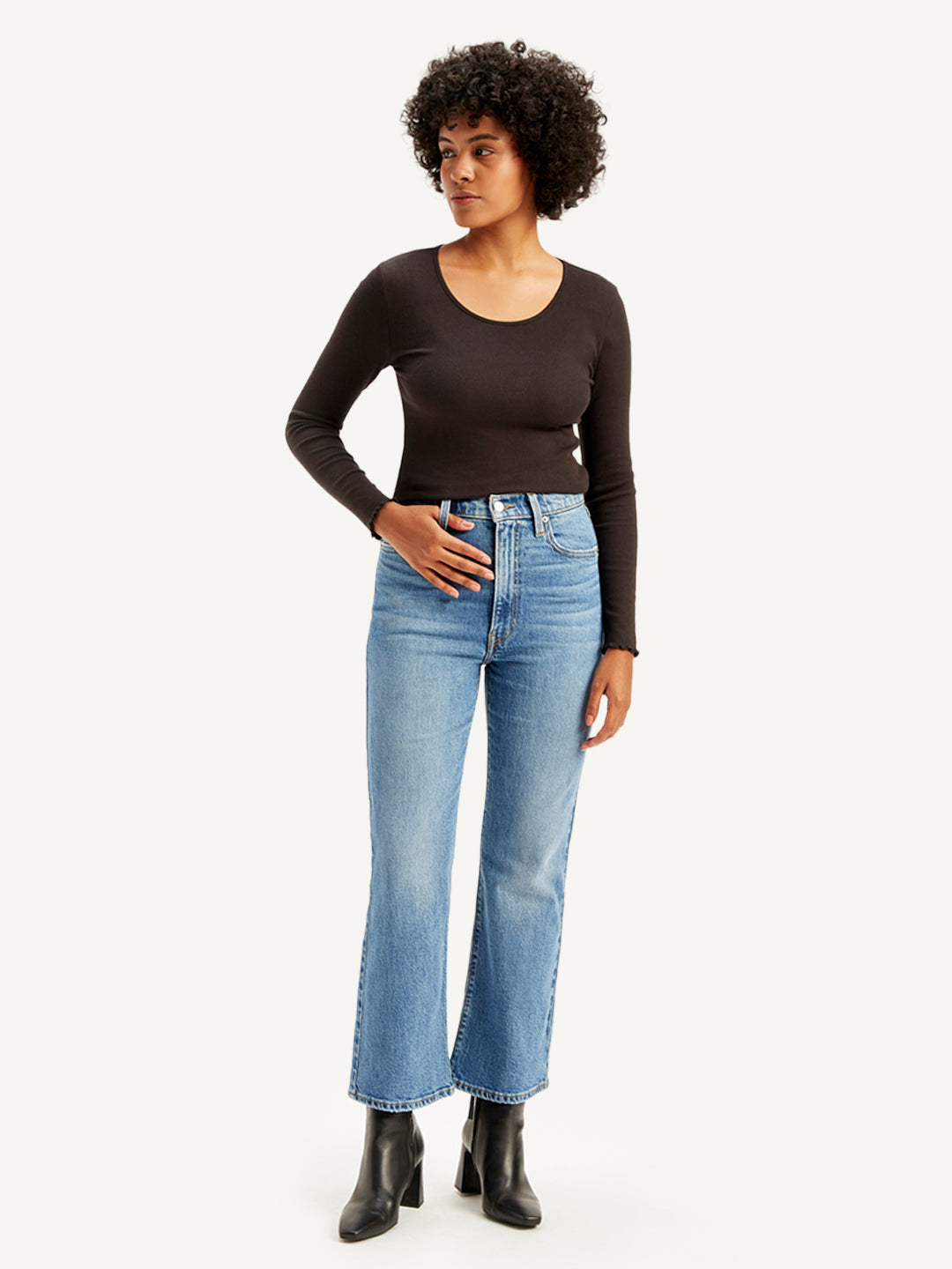 Women's Blue Ribcage Cropped Bootcut Fit High Rise Jeans - Front View