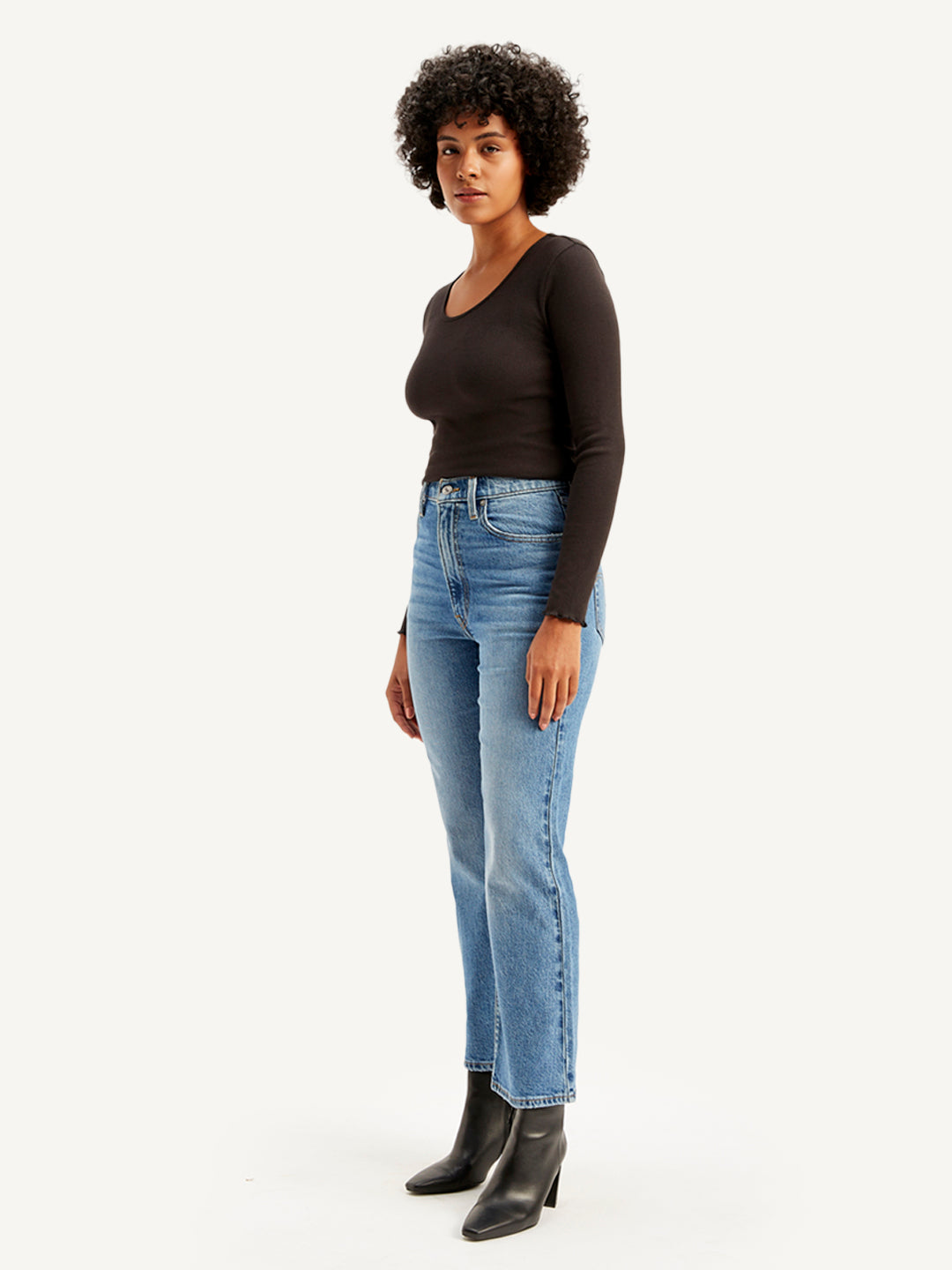 Women's Blue Ribcage Cropped Bootcut Fit High Rise Jeans - Side View