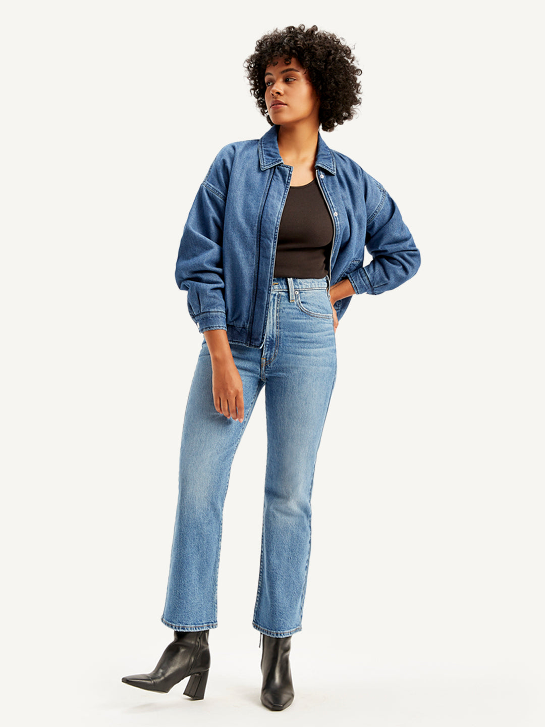 Women's Blue Ribcage Cropped Bootcut Fit High Rise Jeans - Styleshot View