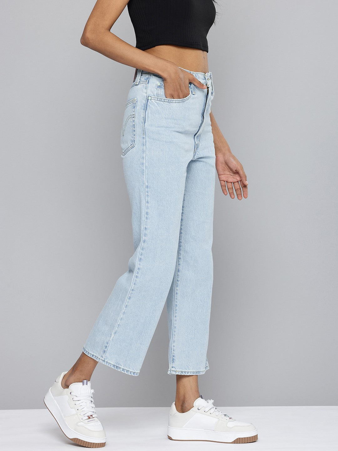 Women's Light Blue Ribcage Cropped Bootcut Fit High Rise Jeans