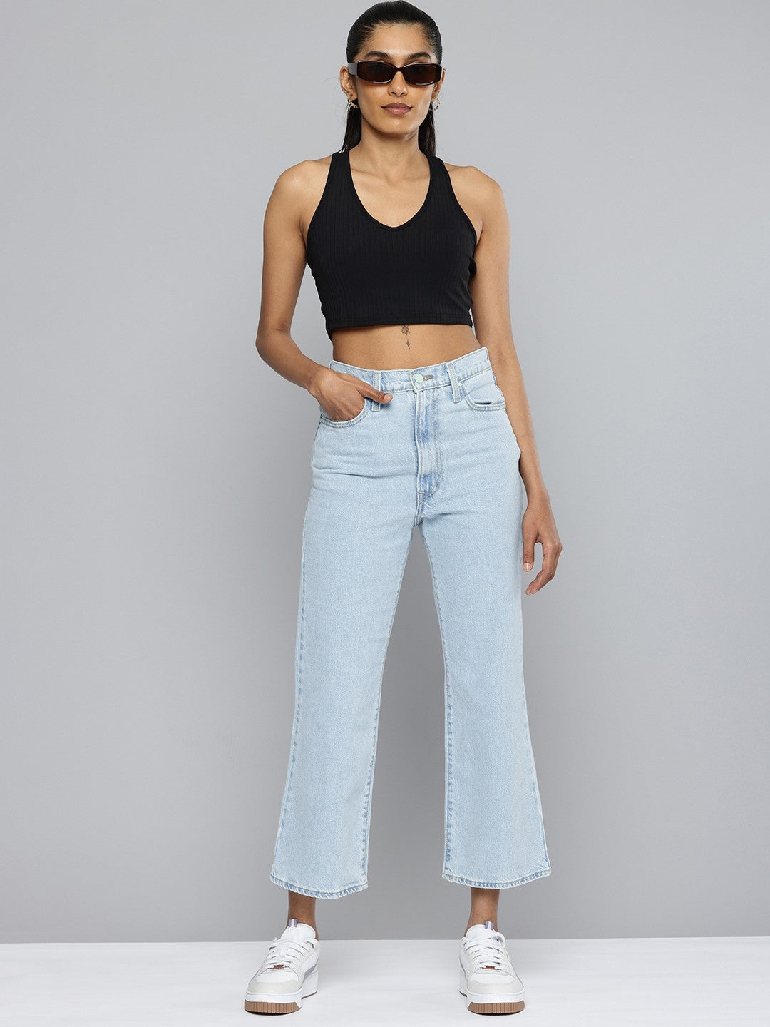 Women's Light Blue Ribcage Cropped Bootcut Fit High Rise Jeans - 4 View
