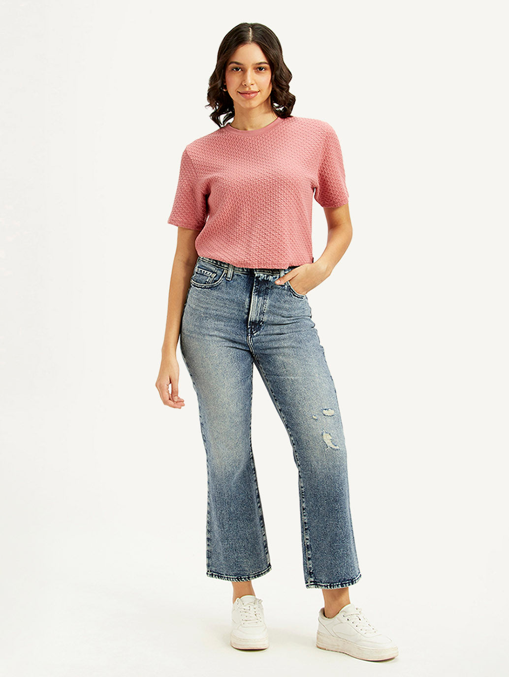 Women's Blue Ribcage Cropped Bootcut Fit High Rise Jeans - Front View