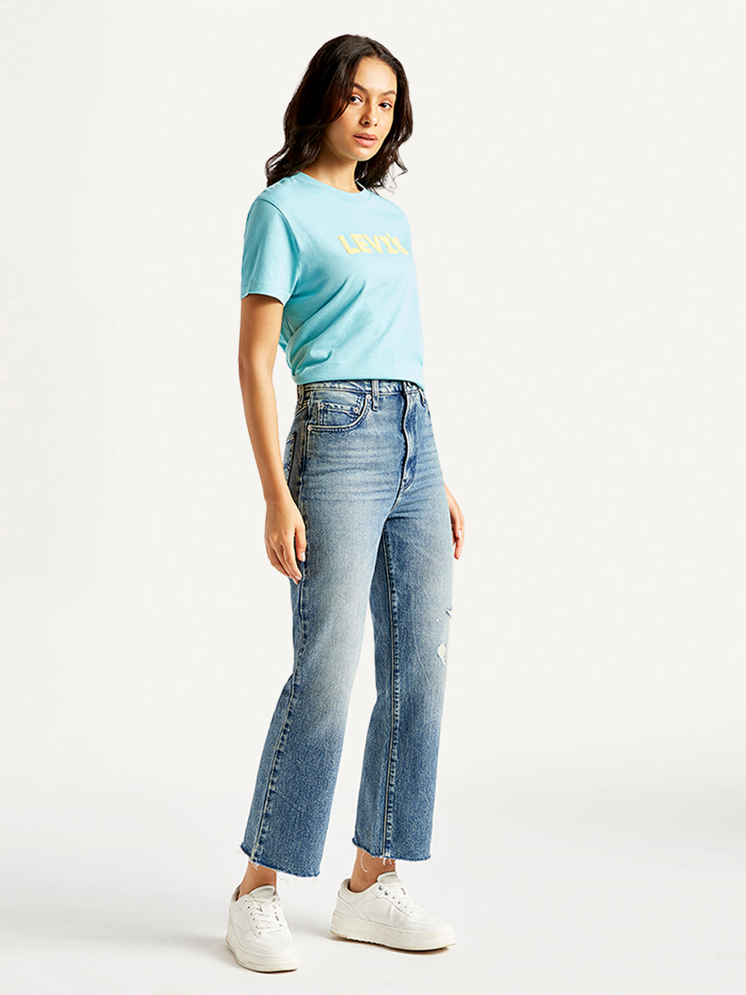 Women's High Rise Ribcage Cropped Bootcut Blue Jeans