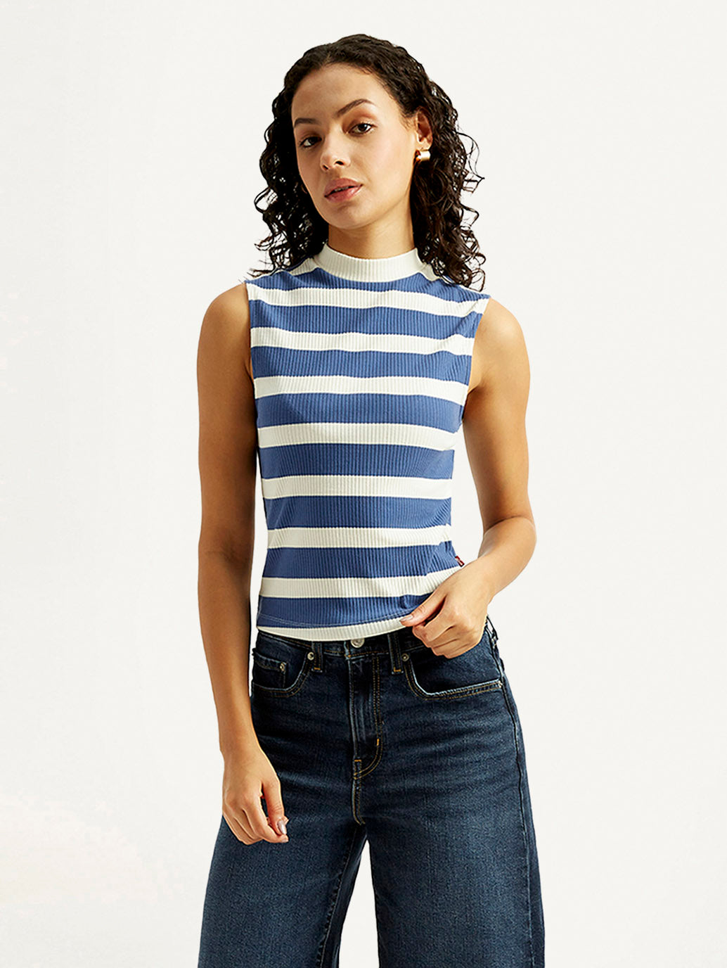 Women's Striped Blue Collar Neck Top - Styleshot View