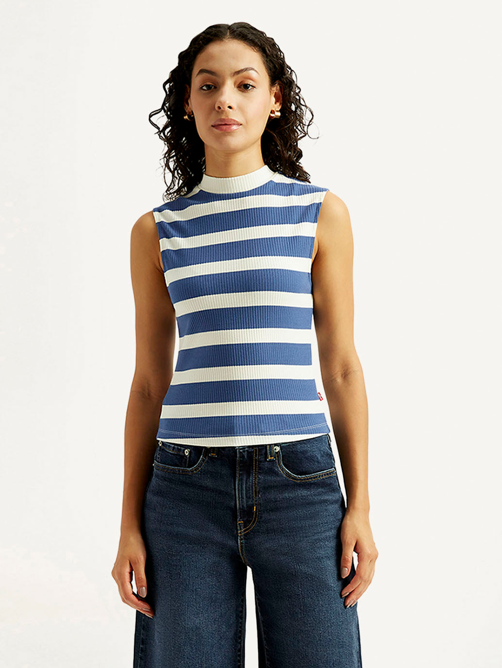 Women's Striped Blue Collar Neck Top