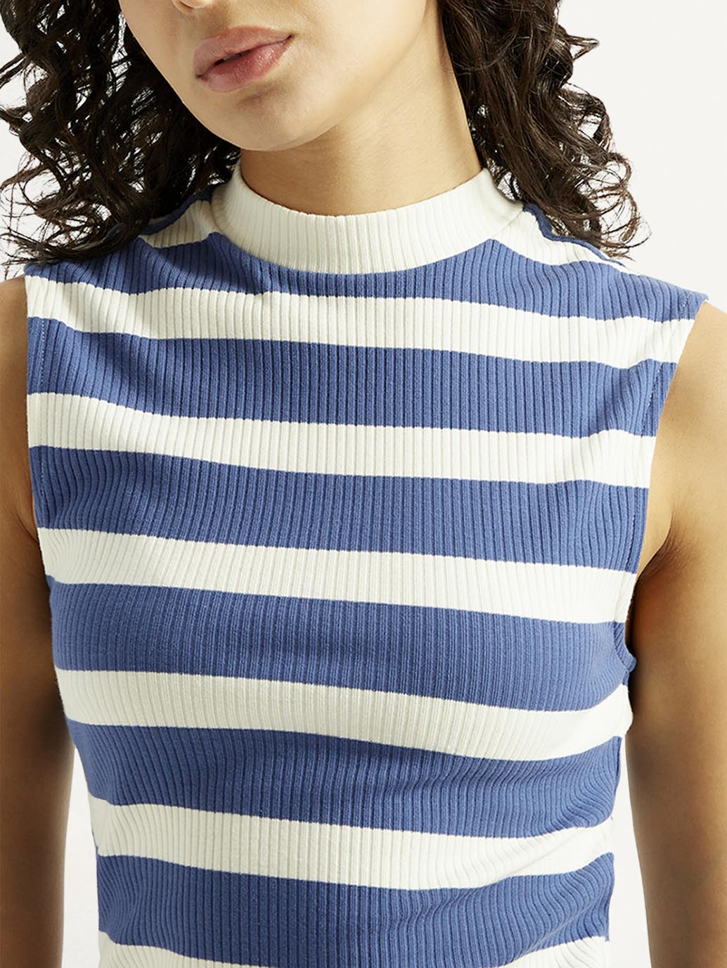 Women's Striped Blue Collar Neck Top - Detail View