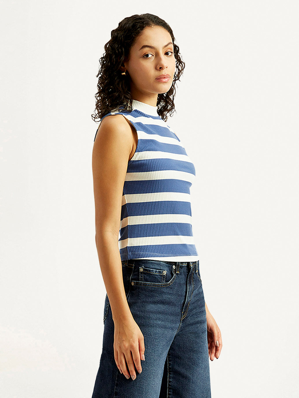 Women's Striped Blue Collar Neck Top - Side View