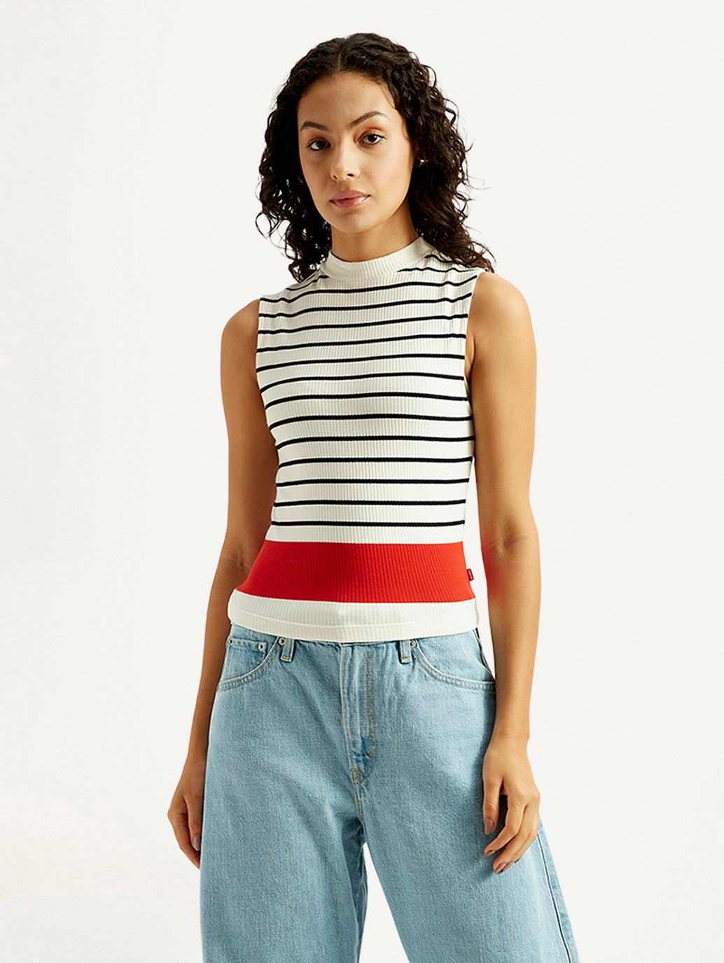 Women's Striped Off White Collar Neck Top - Front View