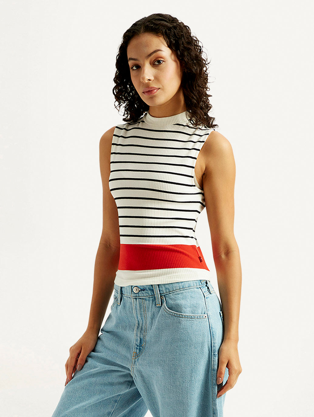 Women's Striped Off White Collar Neck Top - Side View