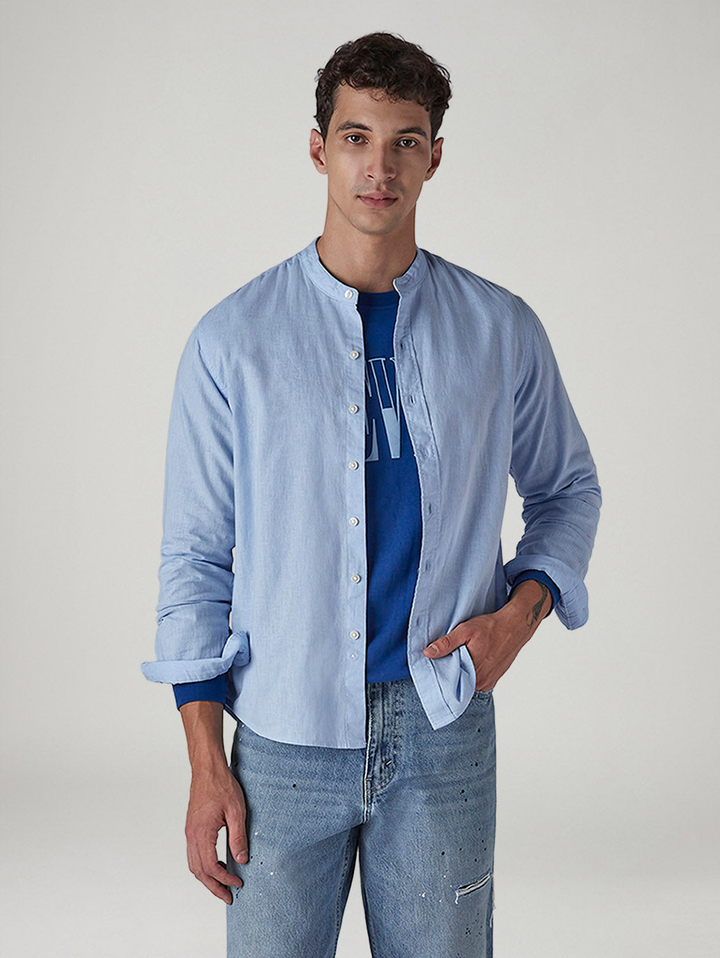 Men's Solid Regular Collar Slim Fit Linen Shirt - Styleshot View