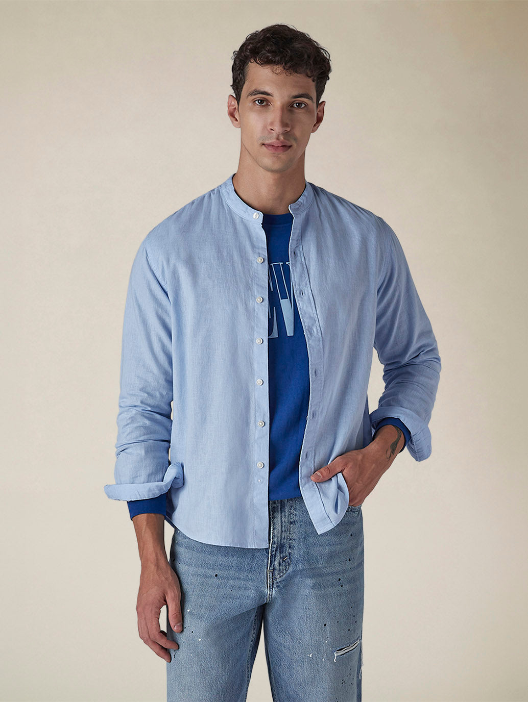 Men's Solid Regular Collar Slim Fit Linen Shirt - f9d8cf78-fb5f-4766-aa8a-b3eb83d667d0 View