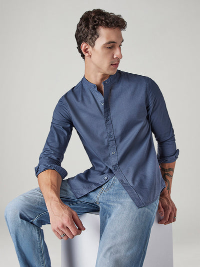 Men's Solid Mandarin Collar Slim Fit Oxford Shirt-image-48