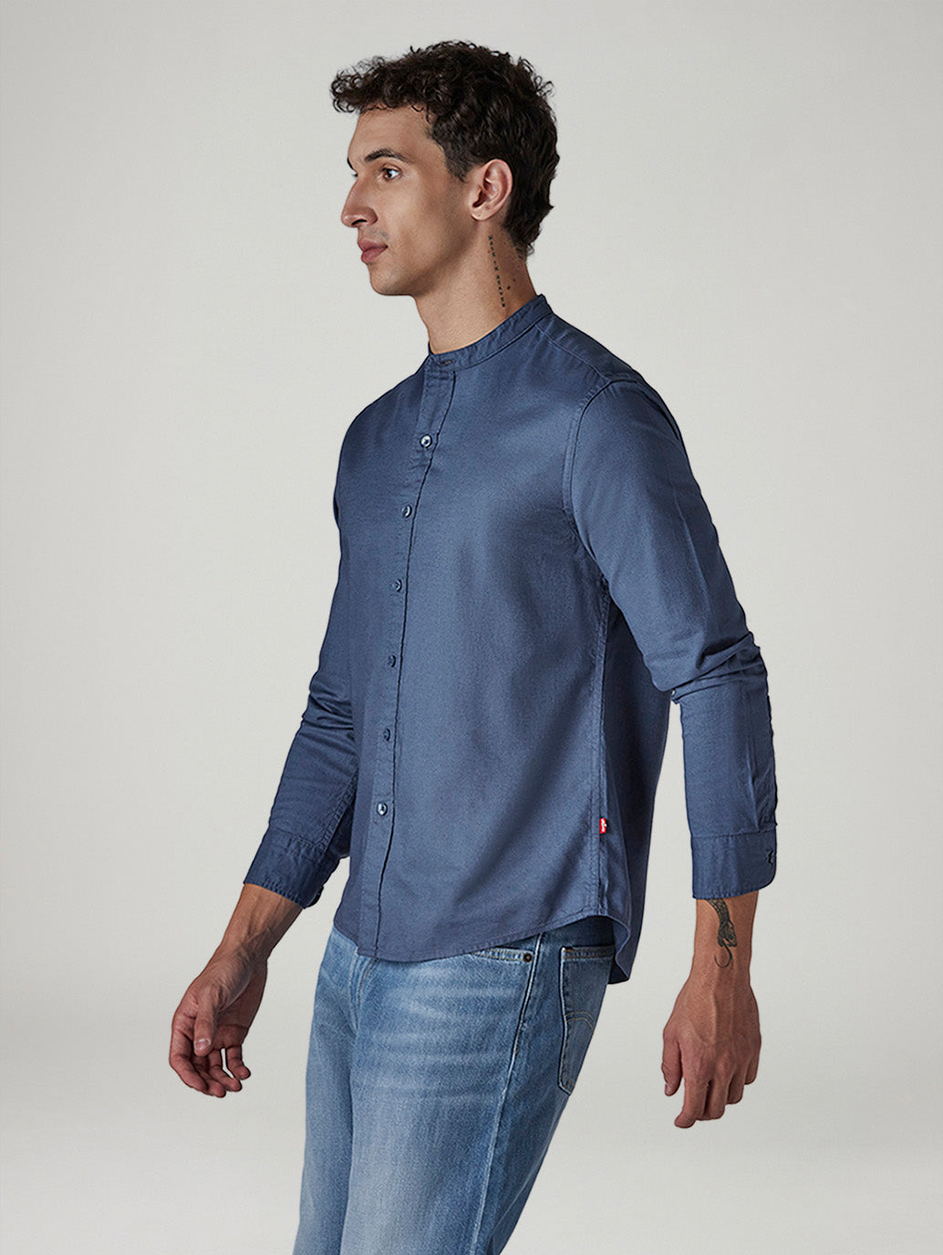 Men's Solid Mandarin Collar Slim Fit Oxford Shirt - Side View