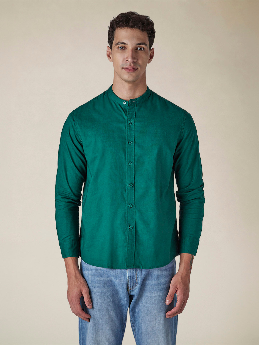 Men's Solid Mandarin Collar Slim Fit Oxford Shirt - Front View