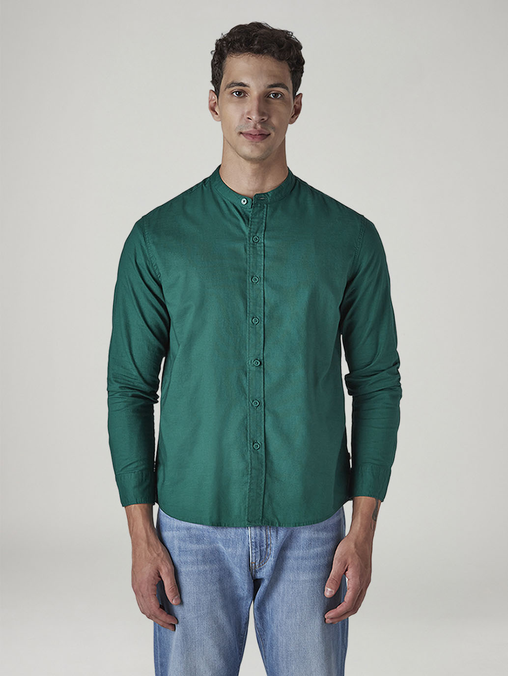 Men's Solid Mandarin Collar Slim Fit Oxford Shirt - 20 View