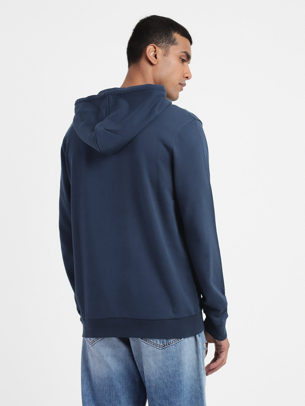 Men's Navy Blue Solid Hooded Sweatshirt With Brand Logo Print DetaiL