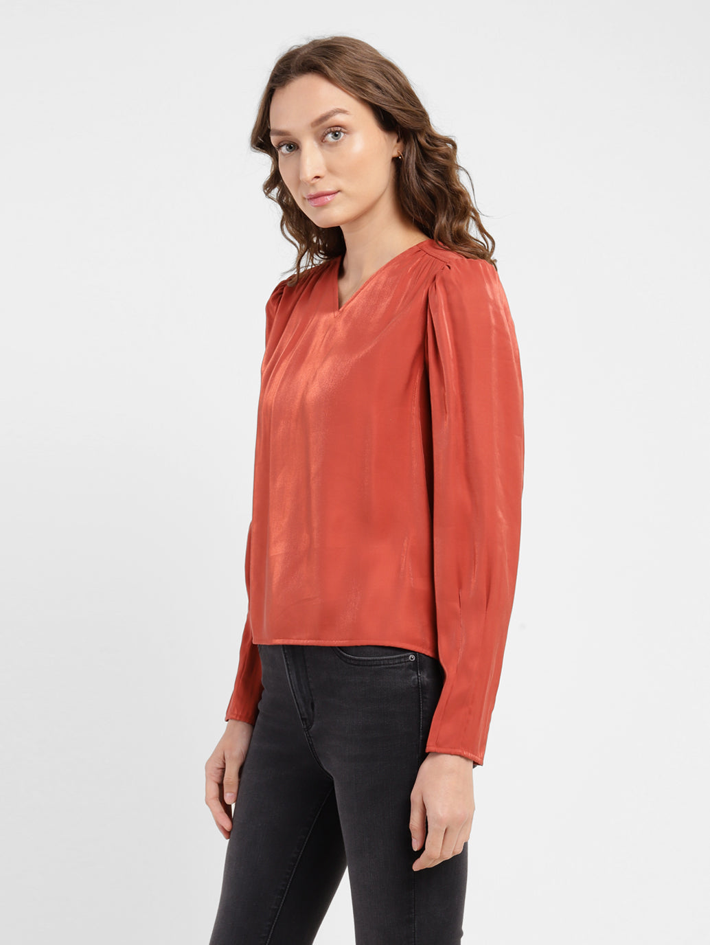 Women's Solid V Neck Top Red