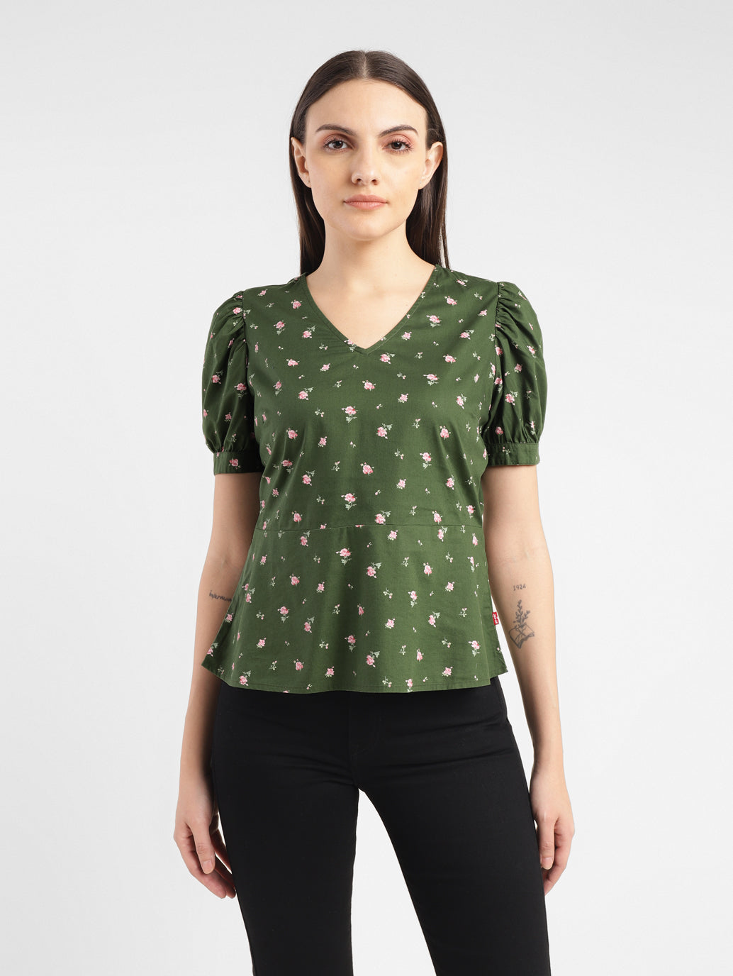 Women's Floral Print Green V Neck Top