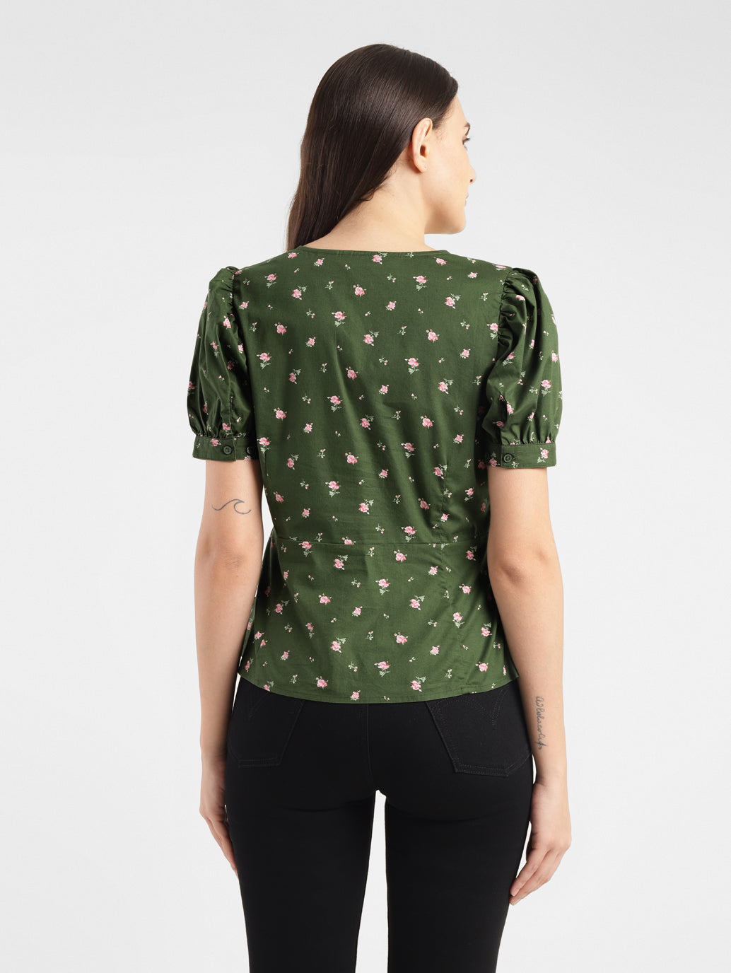 Women's Floral Print Green V Neck Top