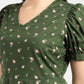 Women's Floral Print Green V Neck Top