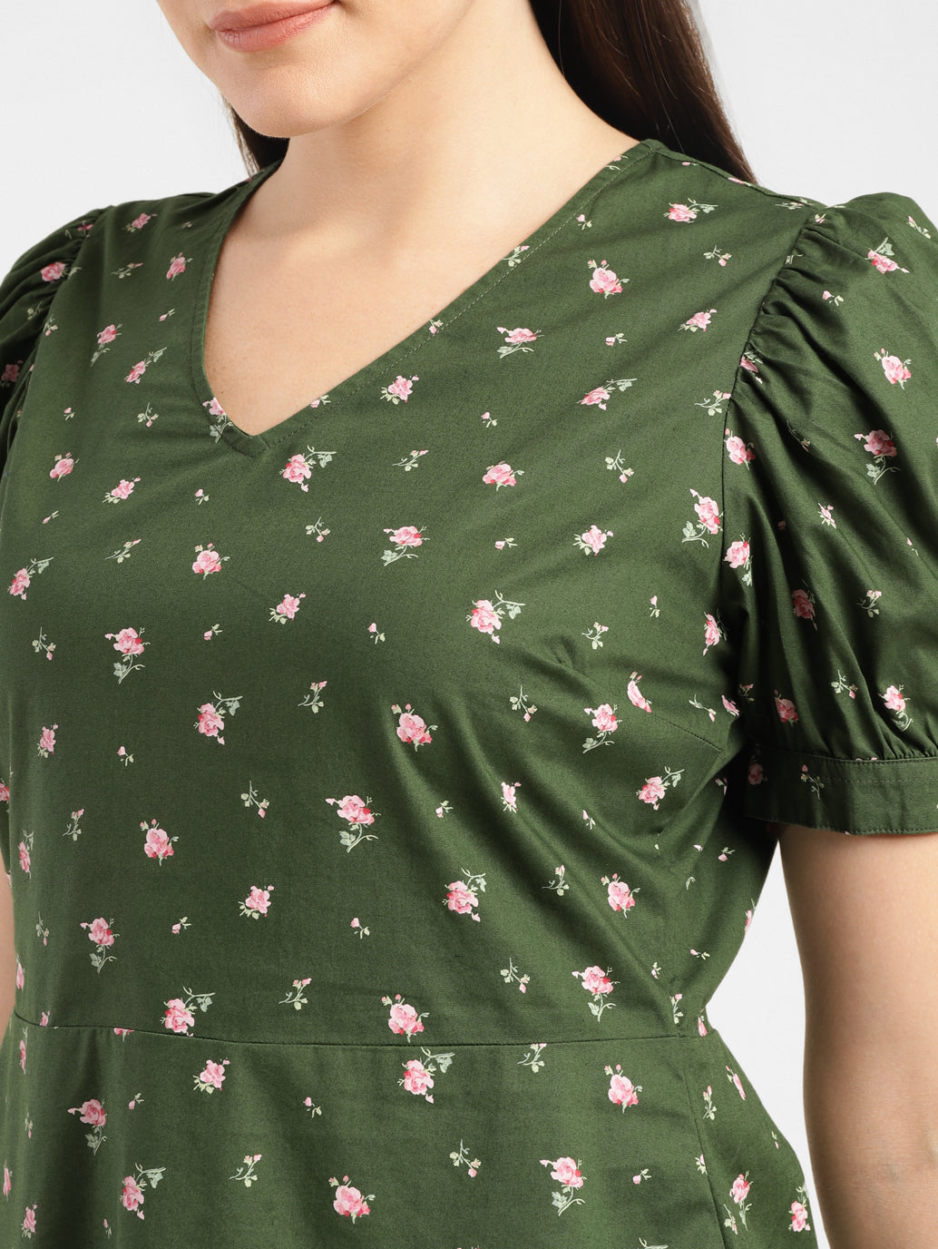 Women's Floral Print Green V Neck Top