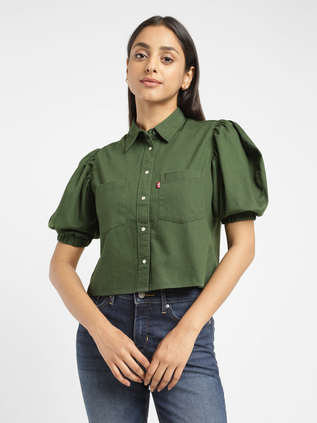 Women's Solid Dark Green Spread Collar Top