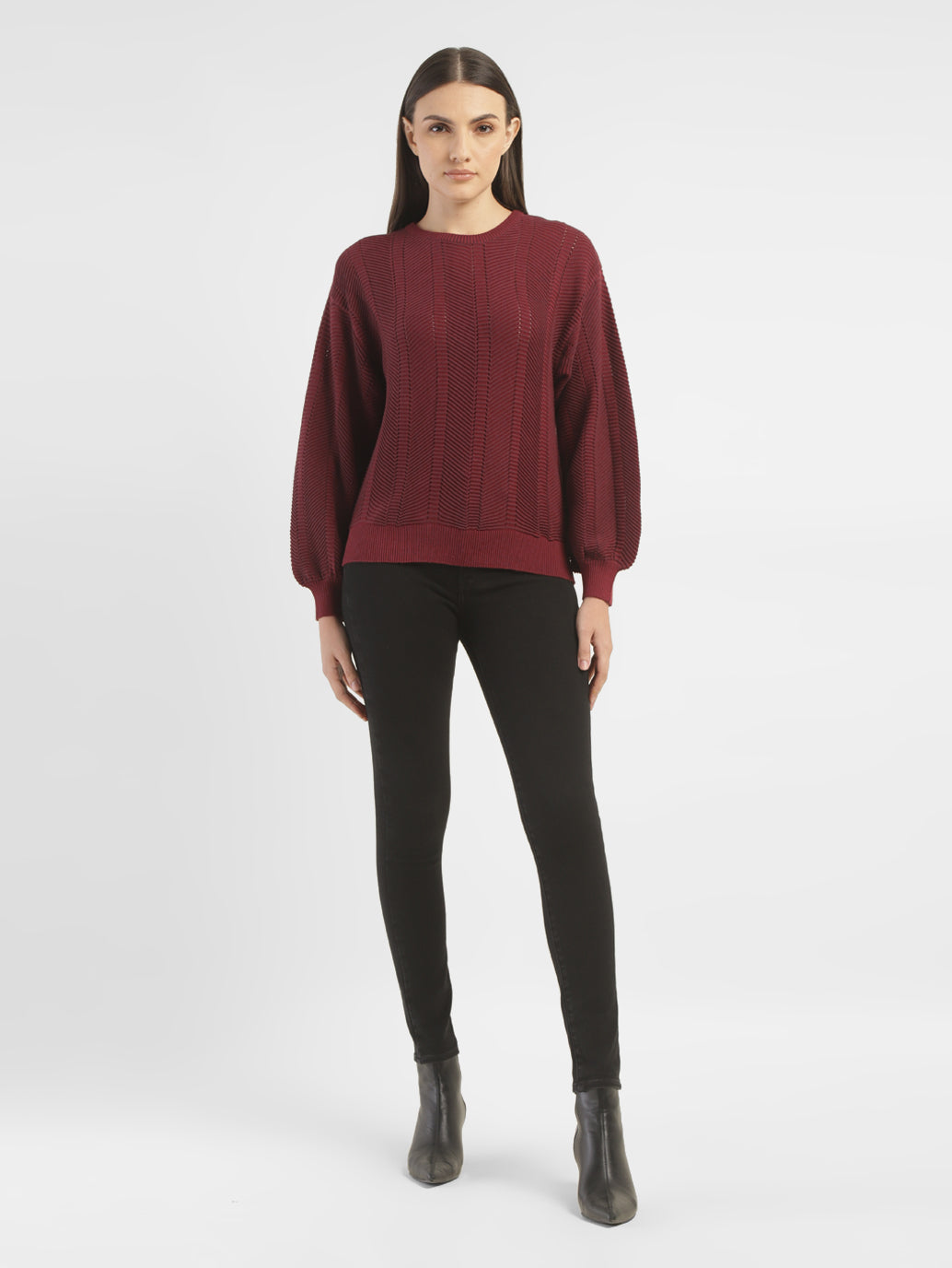 Women's Textured Red Crew Neck Sweater