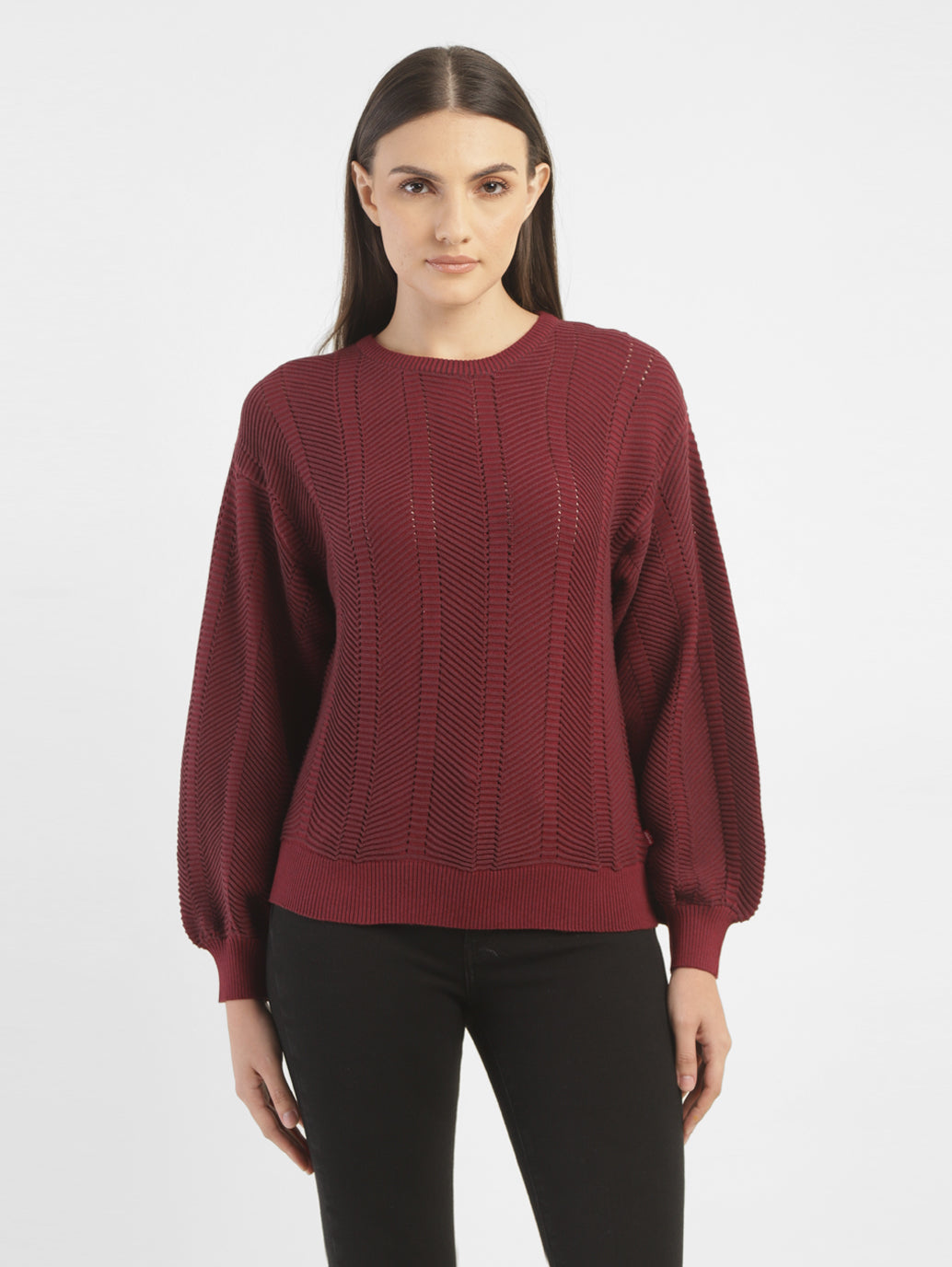 Women's Textured Maroon Crew Neck Sweater