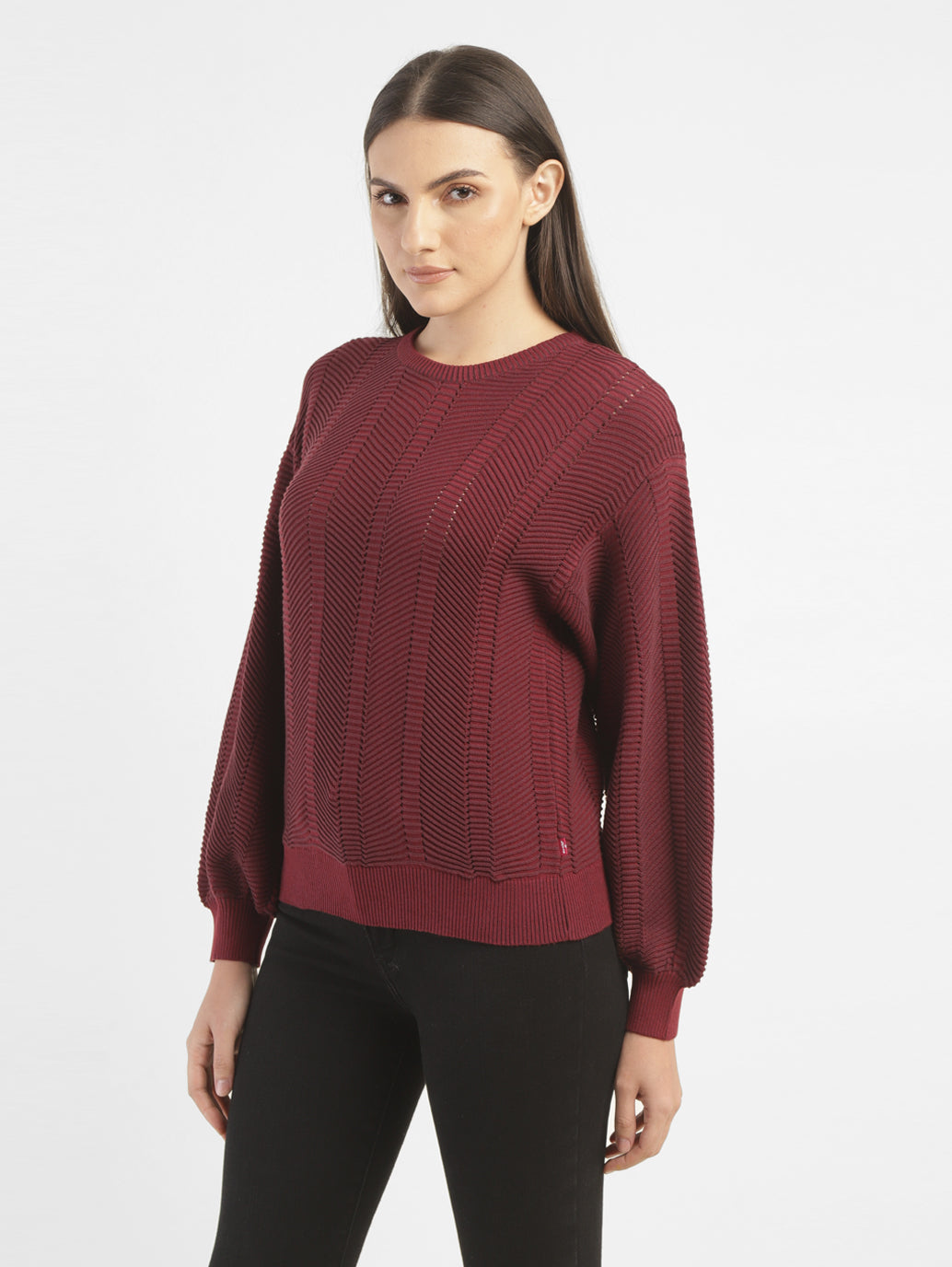 Women's Textured Red Crew Neck Sweater