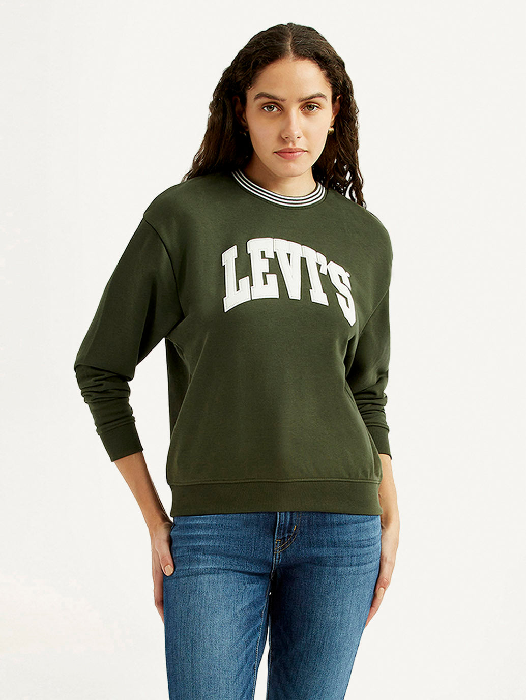 Women's Typography Olive Crew Neck Sweatshirt - Styleshot View