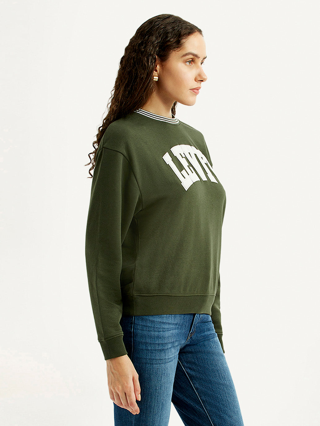Women's Typography Olive Crew Neck Sweatshirt - Side View