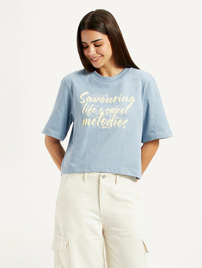 Women's Typographic Print Light Blue Relaxed Fit T-shirt