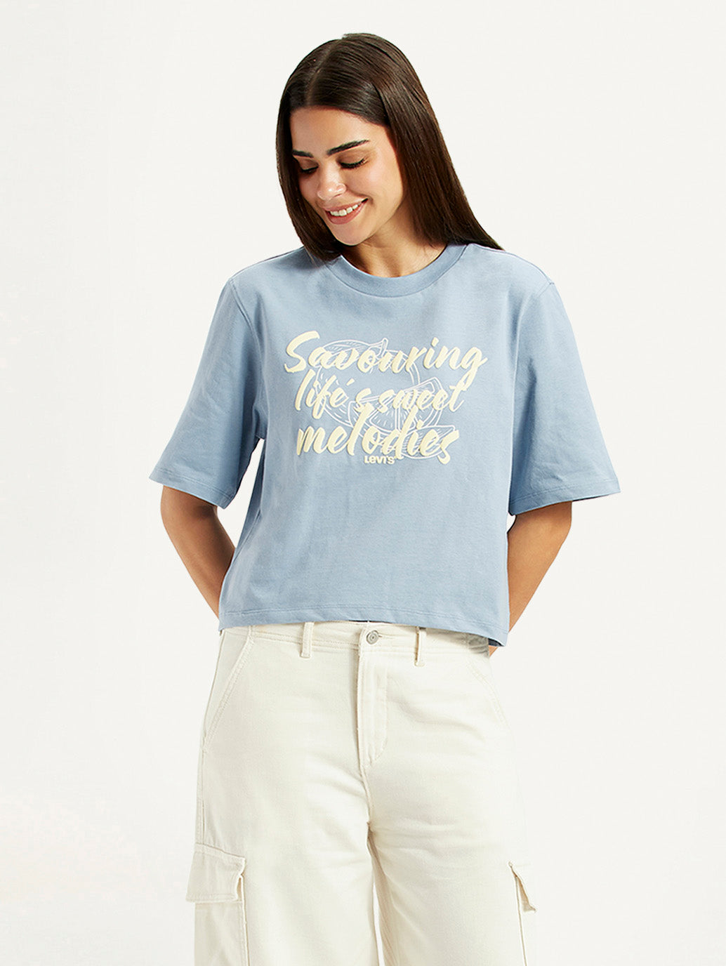 Women's Typographic Print Light Blue Relaxed Fit T-shirt - Styleshot View