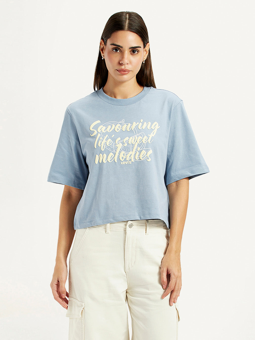 Women's Typographic Print Light Blue Relaxed Fit T-shirt - Front View