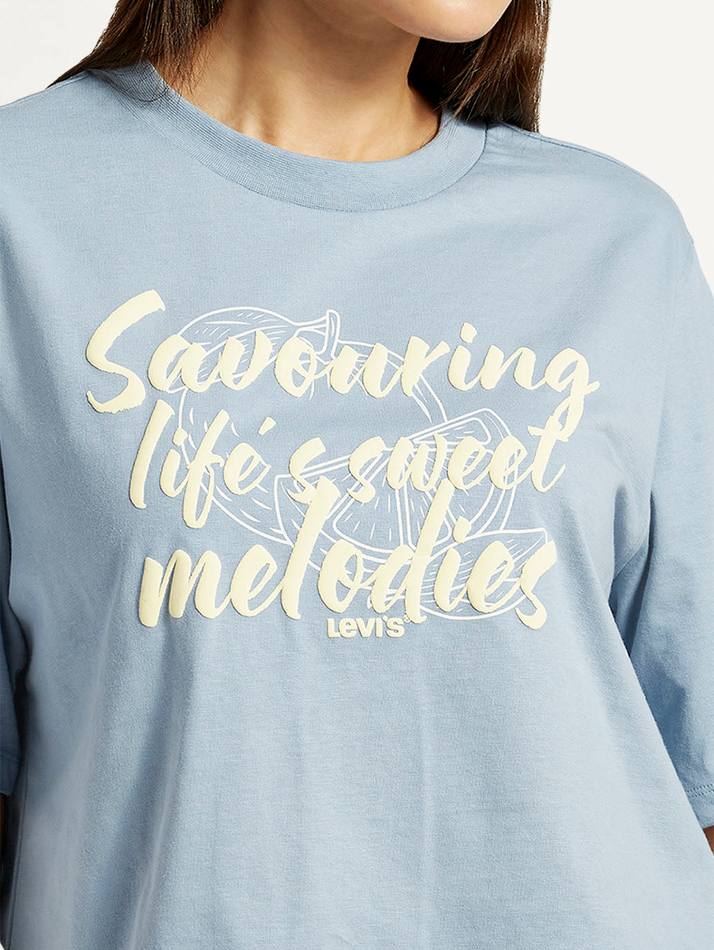 Women's Typographic Print Light Blue Relaxed Fit T-shirt - Detail View